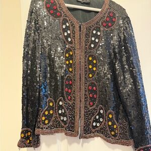 Sequin Embellished Jacket - Black with Multicolor Accents